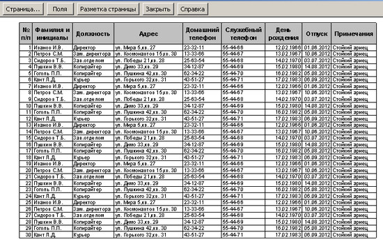 Вывод таблицы на печать